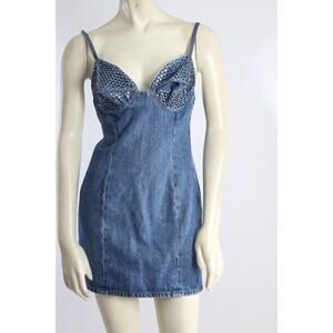 AREA Blue Denim Sleeveless Spaghetti Strap Crystal Embellished Mini Dress Size 2